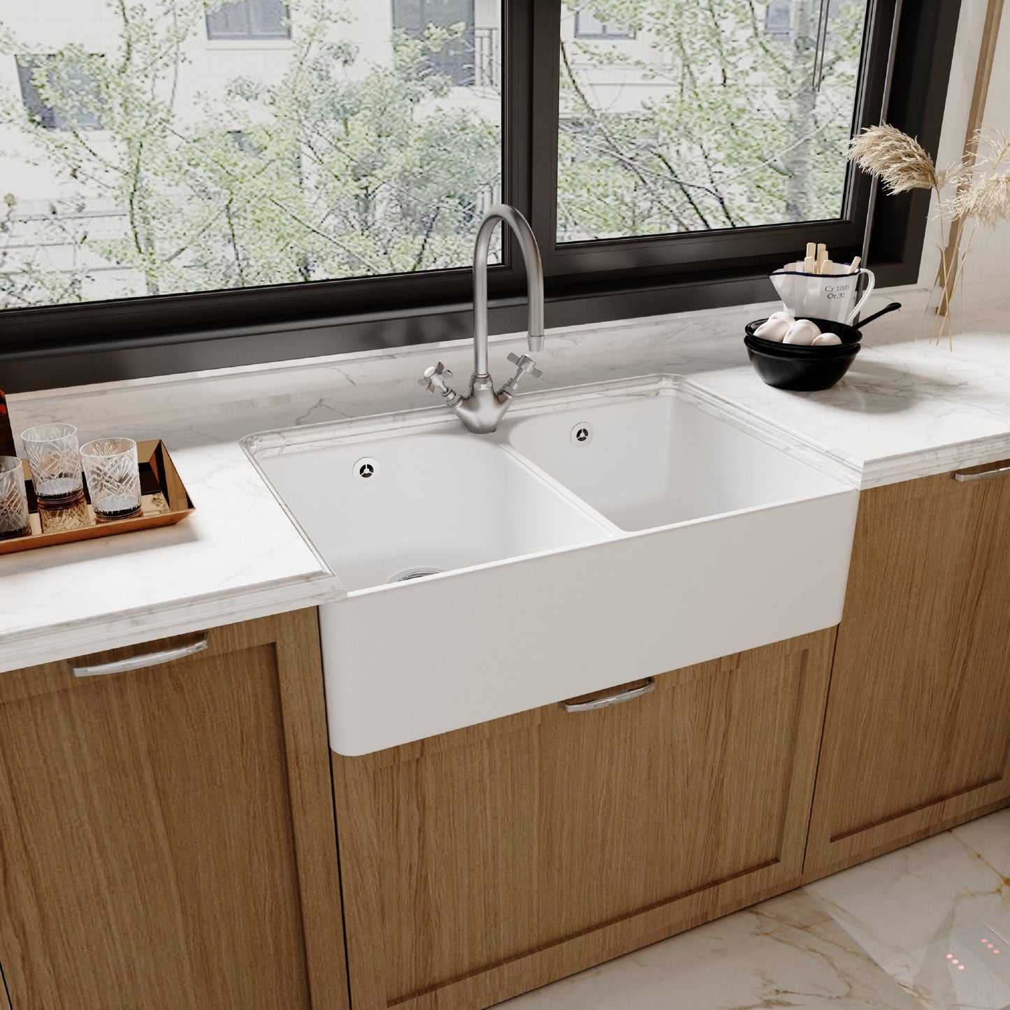 [BKS212WT2] Traditional Double Bowl Fireclay Belfast Sink Bundle with Tap Hole & Full Wier, Basket Strainer Waste and Mono Mixer Tap - Lifestyle 3