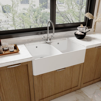 [BKS212WT2] Traditional Double Bowl Fireclay Belfast Sink Bundle with Tap Hole & Full Wier, Basket Strainer Waste and Mono Mixer Tap - Lifestyle 3
