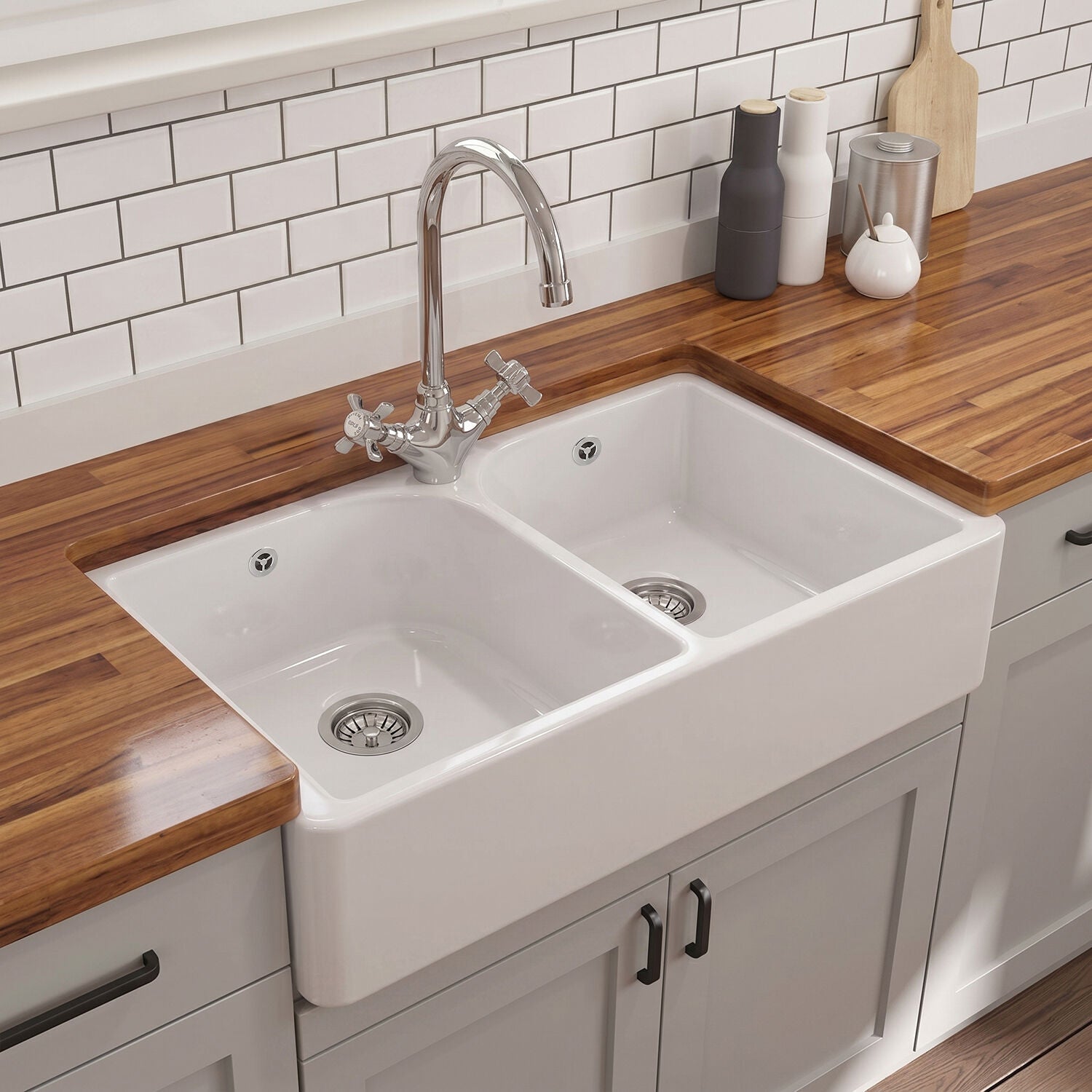 [BKS212WT2] Traditional Fireclay Double Bowl Belfast Sink with Tap Hole & Full Weir, Basket Strainer Waste & Mono Kitchen Sink Mixer Tap - Silo