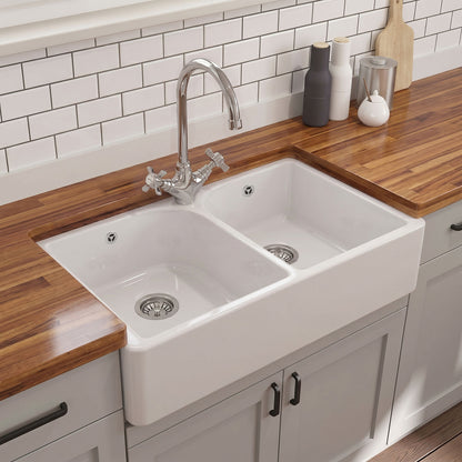 [BKS212WT2] Traditional Fireclay Double Bowl Belfast Sink with Tap Hole & Full Weir, Basket Strainer Waste & Mono Kitchen Sink Mixer Tap - Silo