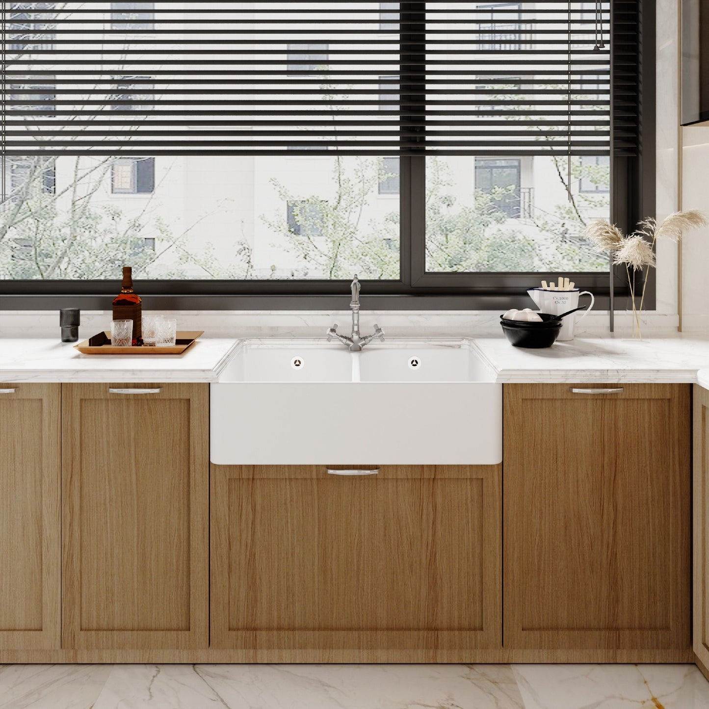 [BKS212WT4] Traditional Double Bowl Fireclay Ceramic Butler Kitchen Sink Bundle with Tap Hole, Weir & Wastes - 795mm - Lifestyle 1