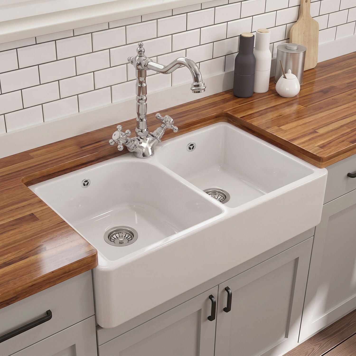 [BKS212WT4] Traditional Fireclay Double Bowl Butler Kitchen Sink with Tap Hole, Weir & Waste - 795mm - Silo