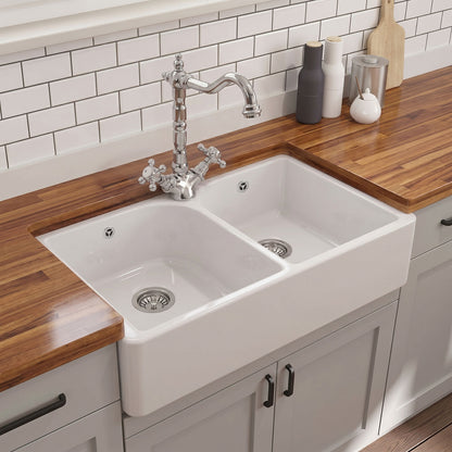 [BKS212WT4] Traditional Fireclay Double Bowl Butler Kitchen Sink with Tap Hole, Weir & Waste - 795mm - Silo