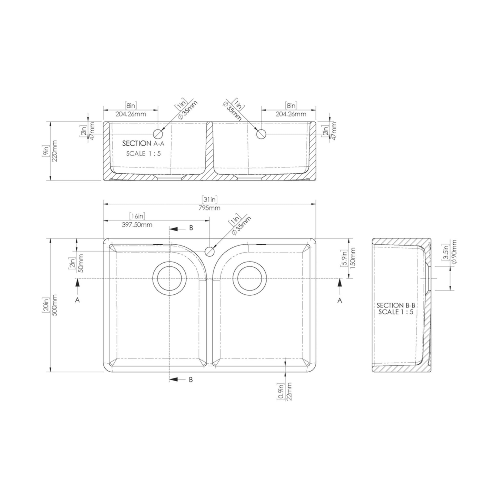 [BKS212W] Double Bowl Fireclay Ceramic Butler Kitchen Sink with Full Weir, Tap Hole and Chrome Basket Strainer Wastes with Overflow - 795mm - Technical Drawing