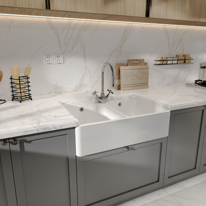 [BKS212W] Double Bowl Fireclay Ceramic Butler Kitchen Sink with Full Weir, Tap Hole and Chrome Basket Strainer Wastes with Overflow - 795mm - Lifestyle 3