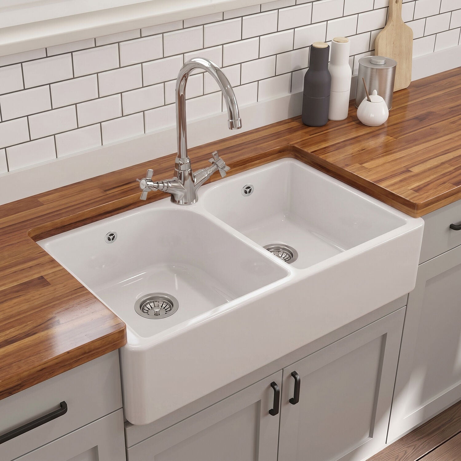 [BKS212W] Double Bowl Fireclay Ceramic Butler Kitchen Sink with Full Weir, Overflows & Wastes - Silo