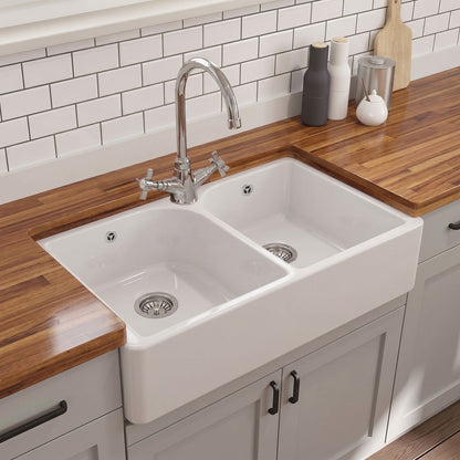 [BKS212W] Double Bowl Fireclay Ceramic Butler Kitchen Sink with Full Weir, Overflows & Wastes - Silo