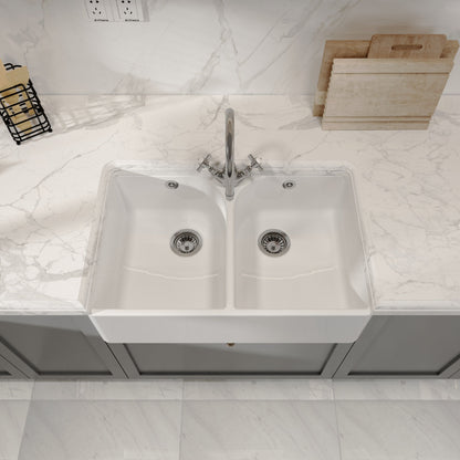 [BKS212] Double Bowl Fireclay Ceramic Butler Kitchen Sink with Full Weir, Overflows and Tap Hole - 795mm - Lifestyle 2