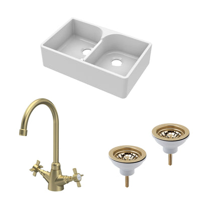 [BKS213WT11] Traditional Fireclay Kitchen Bundle: Double Bowl Stepped Weir Butler Sink, Wastes & Mono Crosshead Tap, 795mm - Brushed Brass - Cutout