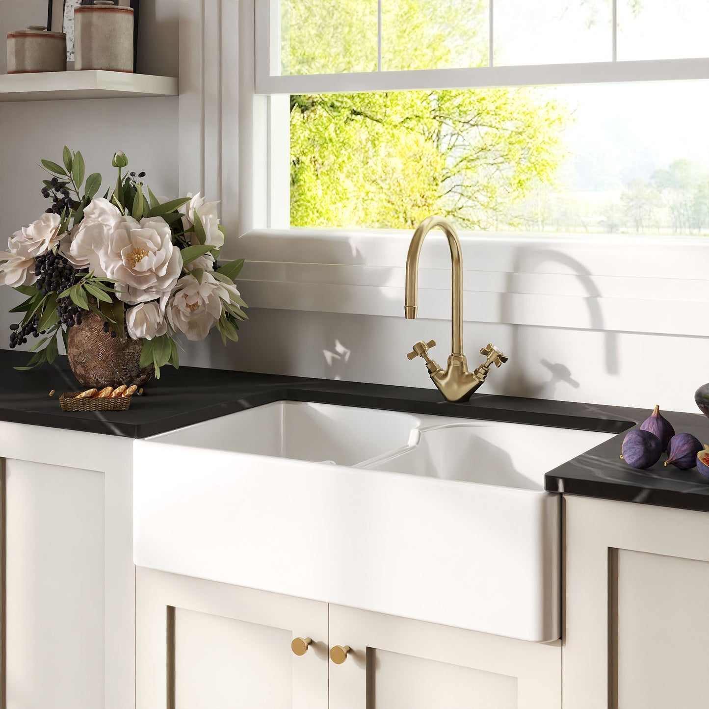 [BKS213WT11] Traditional Fireclay Kitchen Bundle: Double Bowl Stepped Weir Butler Sink, Wastes & Mono Crosshead Tap, 795mm - Brushed Brass - Lifestyle 3