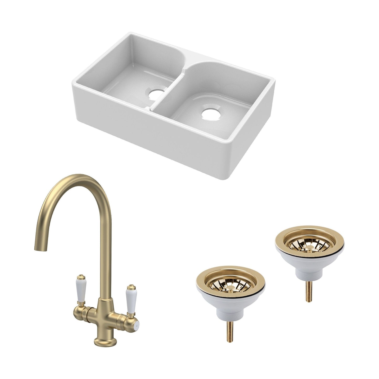 [BKS213WT12] Traditional Fireclay Kitchen Bundle: Double Bowl Stepped Weir Butler Sink, Wastes & Mono Lever Tap, 795mm - Brushed Brass - Cutout