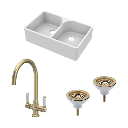 [BKS213WT12] Traditional Fireclay Kitchen Bundle: Double Bowl Stepped Weir Butler Sink, Wastes & Mono Lever Tap, 795mm - Brushed Brass - Cutout
