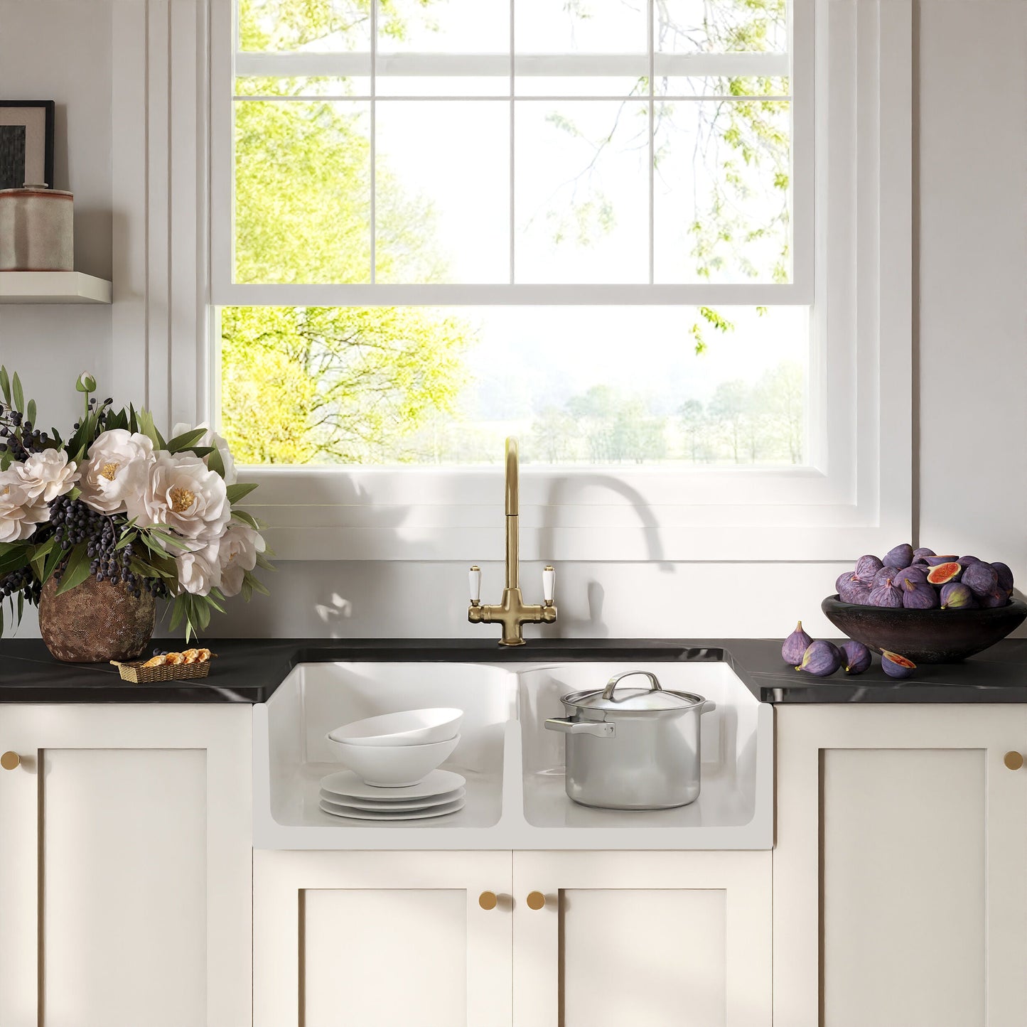 [BKS213WT12] Traditional Fireclay Kitchen Bundle: Double Bowl Stepped Weir Butler Sink, Wastes & Mono Lever Tap, 795mm - Brushed Brass - Lifestyle 1