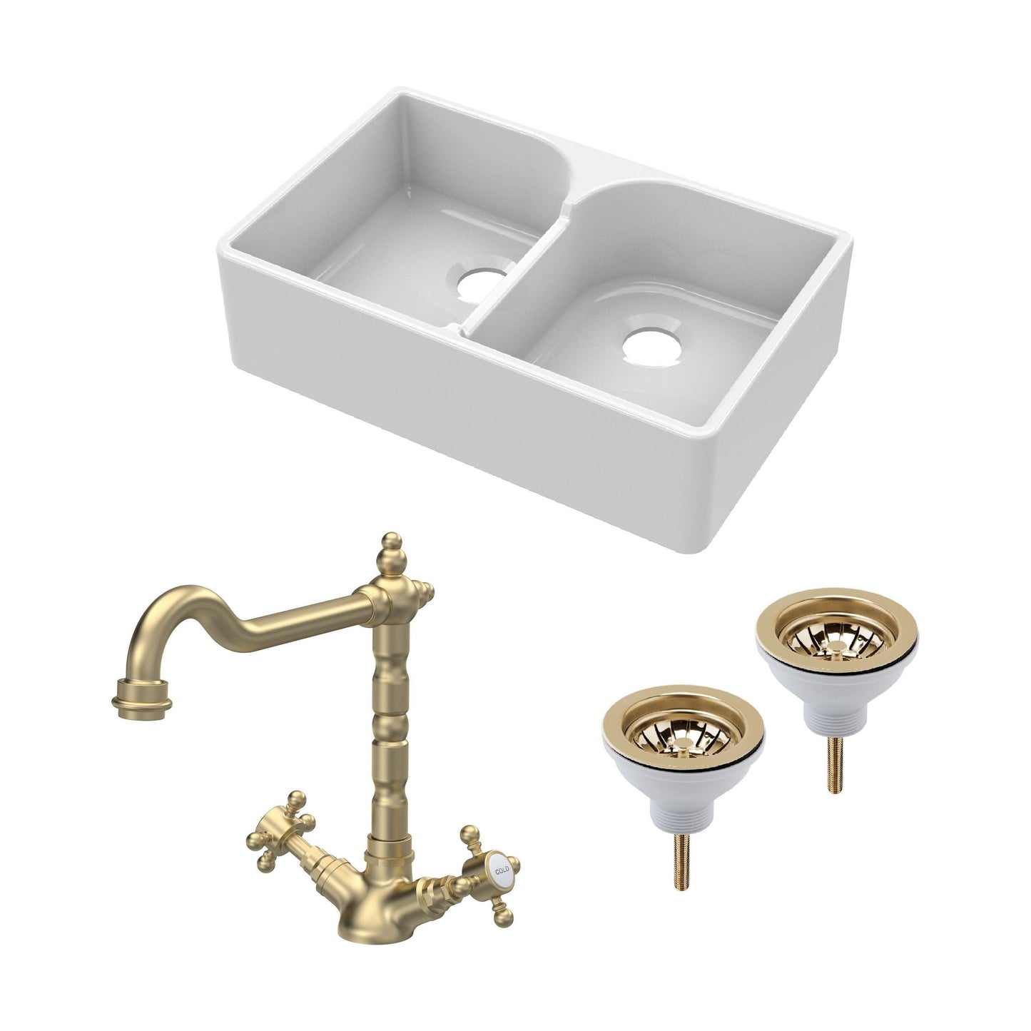 [BKS213WT13] Traditional Fireclay Kitchen Bundle: Double Bowl Stepped Weir Butler Sink, Wastes & French Classic Tap, 795mm - Brushed Brass - Cutout