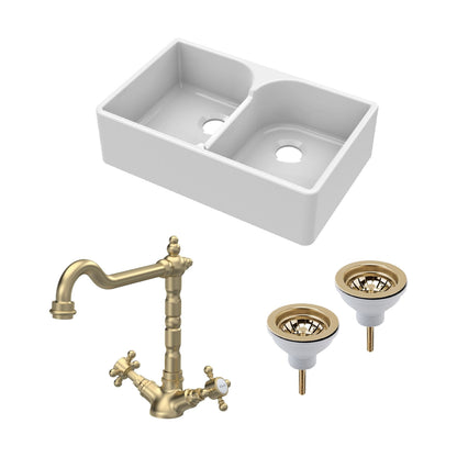 [BKS213WT13] Traditional Fireclay Kitchen Bundle: Double Bowl Stepped Weir Butler Sink, Wastes & French Classic Tap, 795mm - Brushed Brass - Cutout