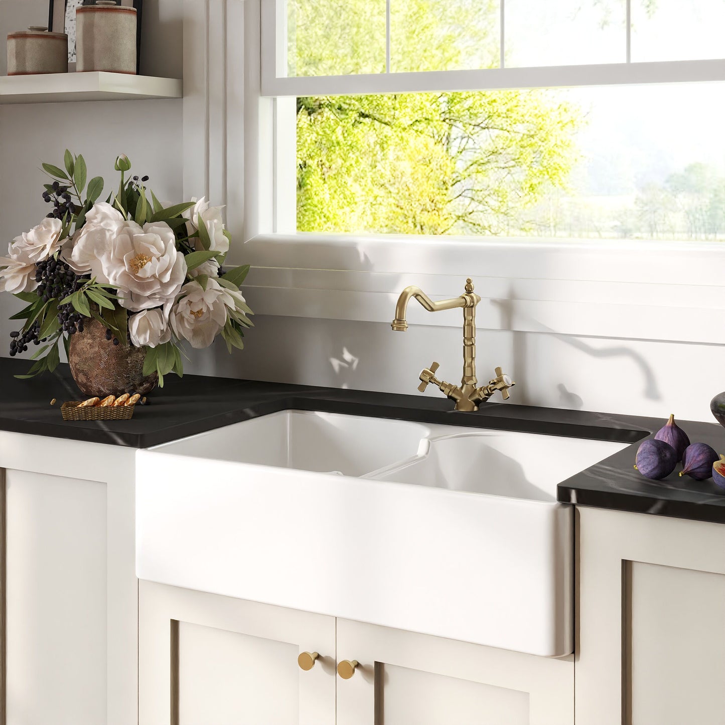 [BKS213WT13] Traditional Fireclay Kitchen Bundle: Double Bowl Stepped Weir Butler Sink, Wastes & French Classic Tap, 795mm - Brushed Brass - Lifestyle 3