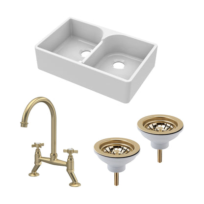 [BKS213WT14] Traditional Fireclay Kitchen Bundle: Double Bowl Stepped Weir Butler Sink, Wastes & Bridge Crosshead Tap, 795mm - Brushed Brass - Cutout