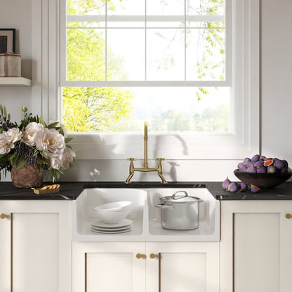[BKS213WT14] Traditional Fireclay Kitchen Bundle: Double Bowl Stepped Weir Butler Sink, Wastes & Bridge Crosshead Tap, 795mm - Brushed Brass - Lifestyle 1