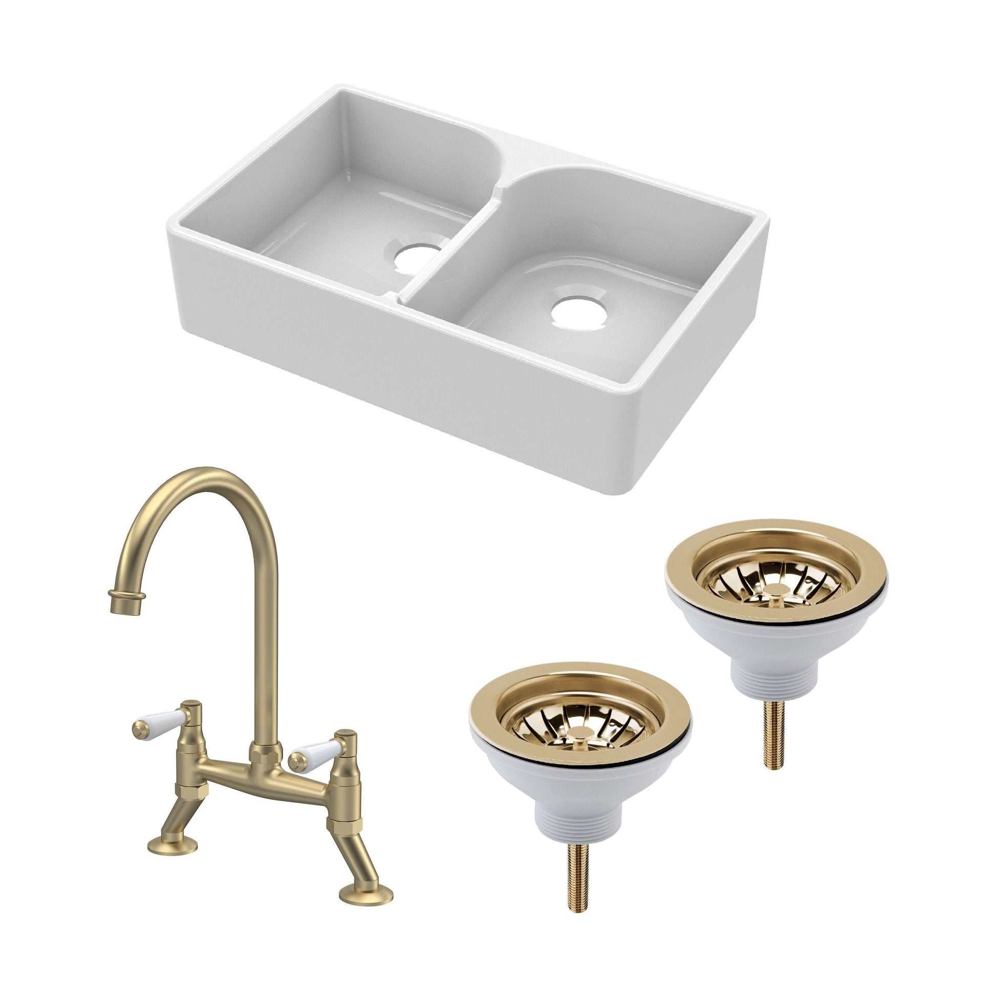 [BKS213WT15] Fireclay Kitchen Bundle - Double Bowl Stepped Weir Butler Sink, Wastes & Bridge Lever Tap, 795mm - Brushed Brass - Cutout