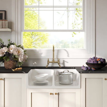 [BKS213WT15] Fireclay Kitchen Bundle - Double Bowl Stepped Weir Butler Sink, Wastes & Bridge Lever Tap, 795mm - Brushed Brass - Lifestyle 1