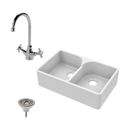 [BKS213WT2] Traditional Double Bowl Fireclay Ceramic Stepped Weir Butler Kitchen Sink Bundle with Mono Mixer Tap & Waste - 795mm - Cutout