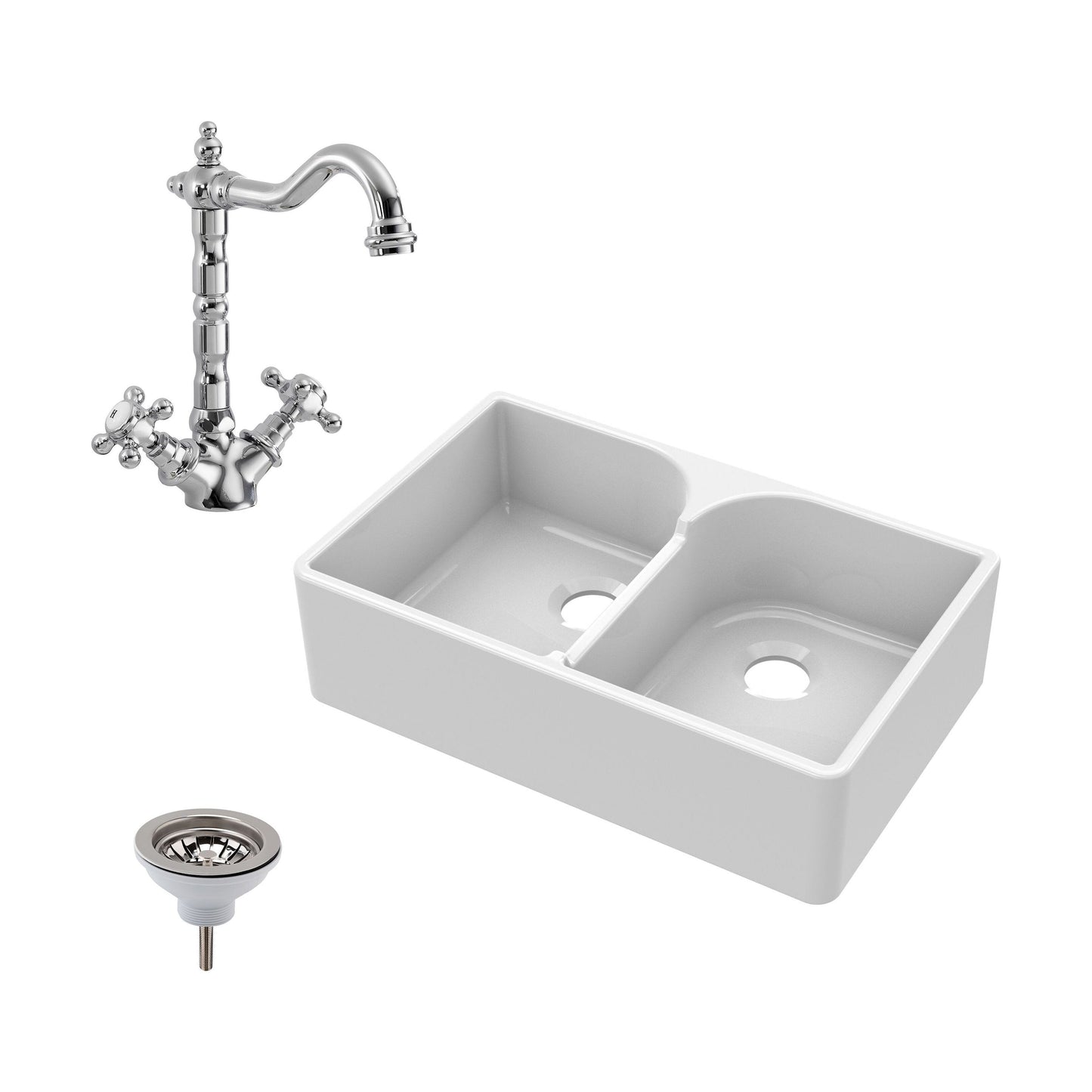 [BKS213WT4] Double Bowl Fireclay Ceramic Butler Kitchen Sink Bundle with Stepped Weir, Classic Tap & Waste - Cutout