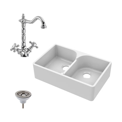 [BKS213WT4] Double Bowl Fireclay Ceramic Butler Kitchen Sink Bundle with Stepped Weir, Classic Tap & Waste - Cutout