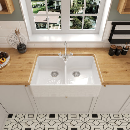 [BKS213WT4] Double Bowl Fireclay Ceramic Butler Kitchen Sink Bundle with Stepped Weir, Classic Tap & Waste - Lifestyle 2