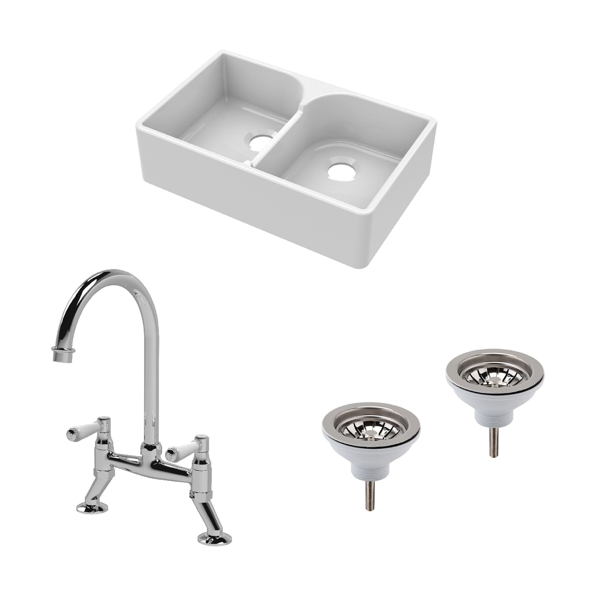 [BKS213WT5] Traditional Fireclay Kitchen Bundle: Double Bowl Stepped Weir Butler Sink, Wastes & Bridge Lever Tap, 795mm - Chrome - Cutout