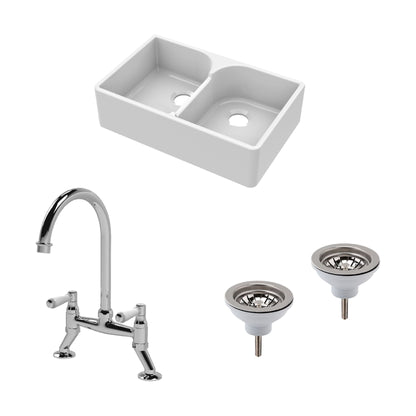 [BKS213WT5] Traditional Fireclay Kitchen Bundle: Double Bowl Stepped Weir Butler Sink, Wastes & Bridge Lever Tap, 795mm - Chrome - Cutout