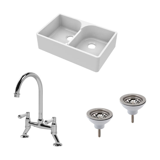 [BKS213WT5] Traditional Fireclay Kitchen Bundle: Double Bowl Stepped Weir Butler Sink, Wastes & Bridge Lever Tap, 795mm - Chrome - Cutout