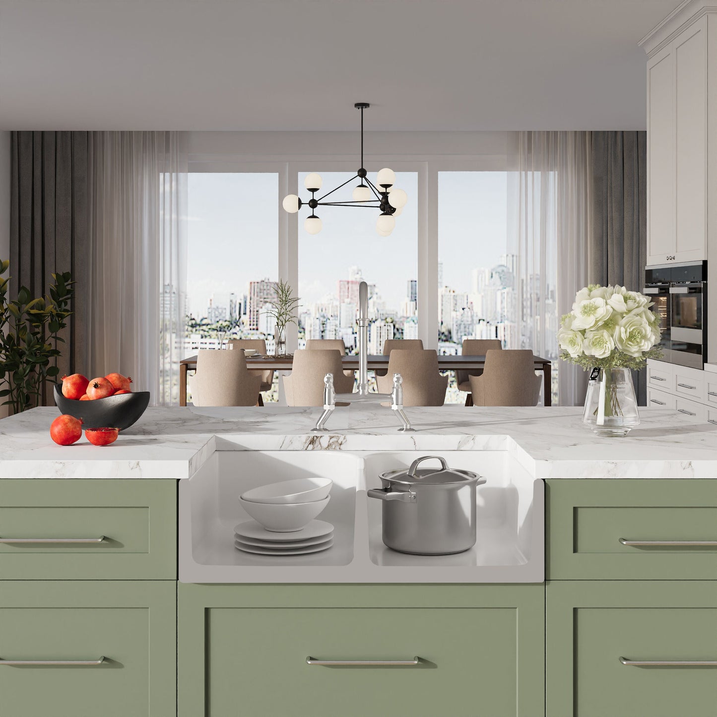 [BKS213WT5] Traditional Fireclay Kitchen Bundle: Double Bowl Stepped Weir Butler Sink, Wastes & Bridge Lever Tap, 795mm - Chrome - Lifestyle 1