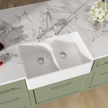 [BKS213WT5] Traditional Fireclay Kitchen Bundle: Double Bowl Stepped Weir Butler Sink, Wastes & Bridge Lever Tap, 795mm - Chrome - Lifestyle 2