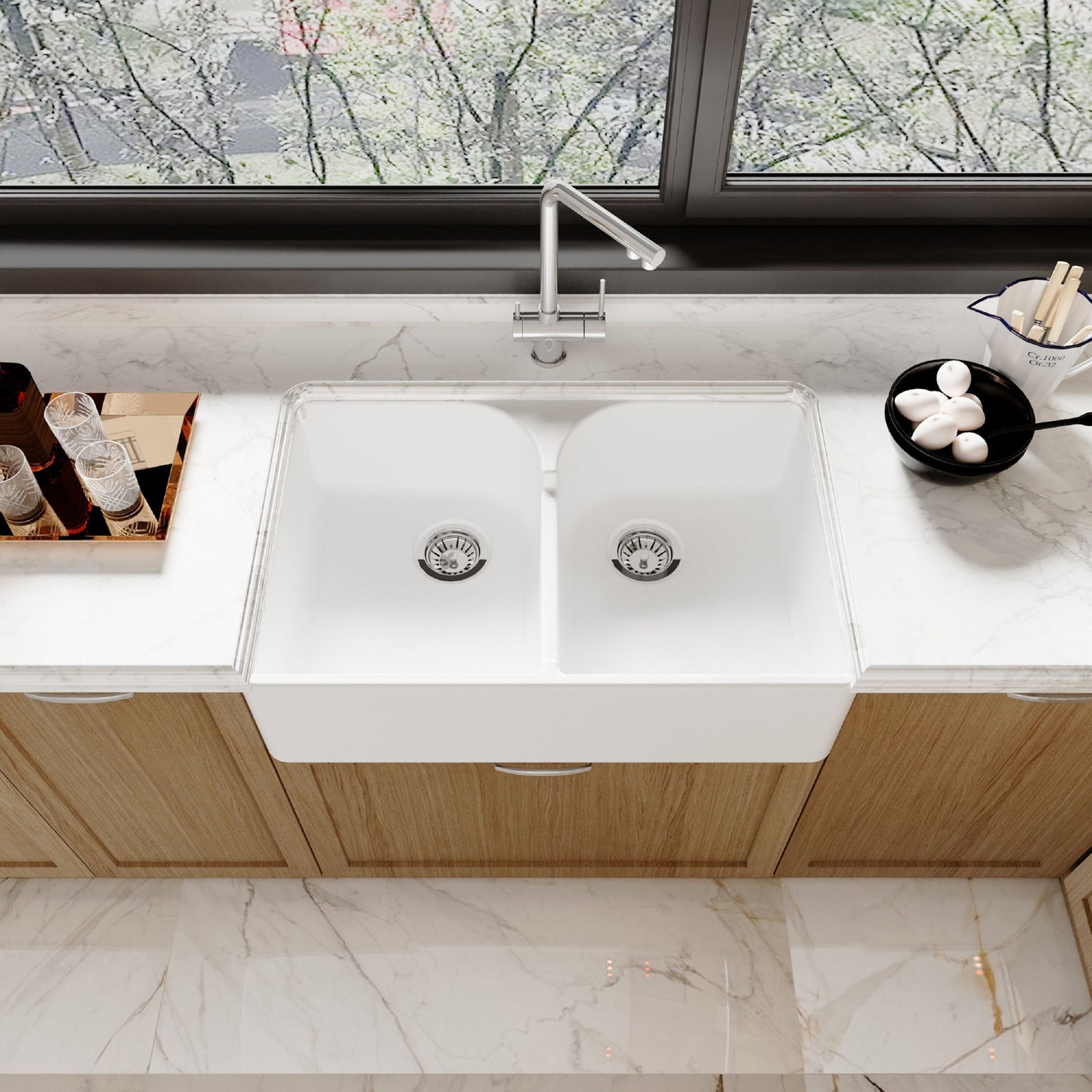 [BKS213W] Traditional Double Bowl Fireclay Ceramic Butler Kitchen Sink with Stepped Weir and Chrome Basket Strainer Wastes - 795mm - Lifestyle 2