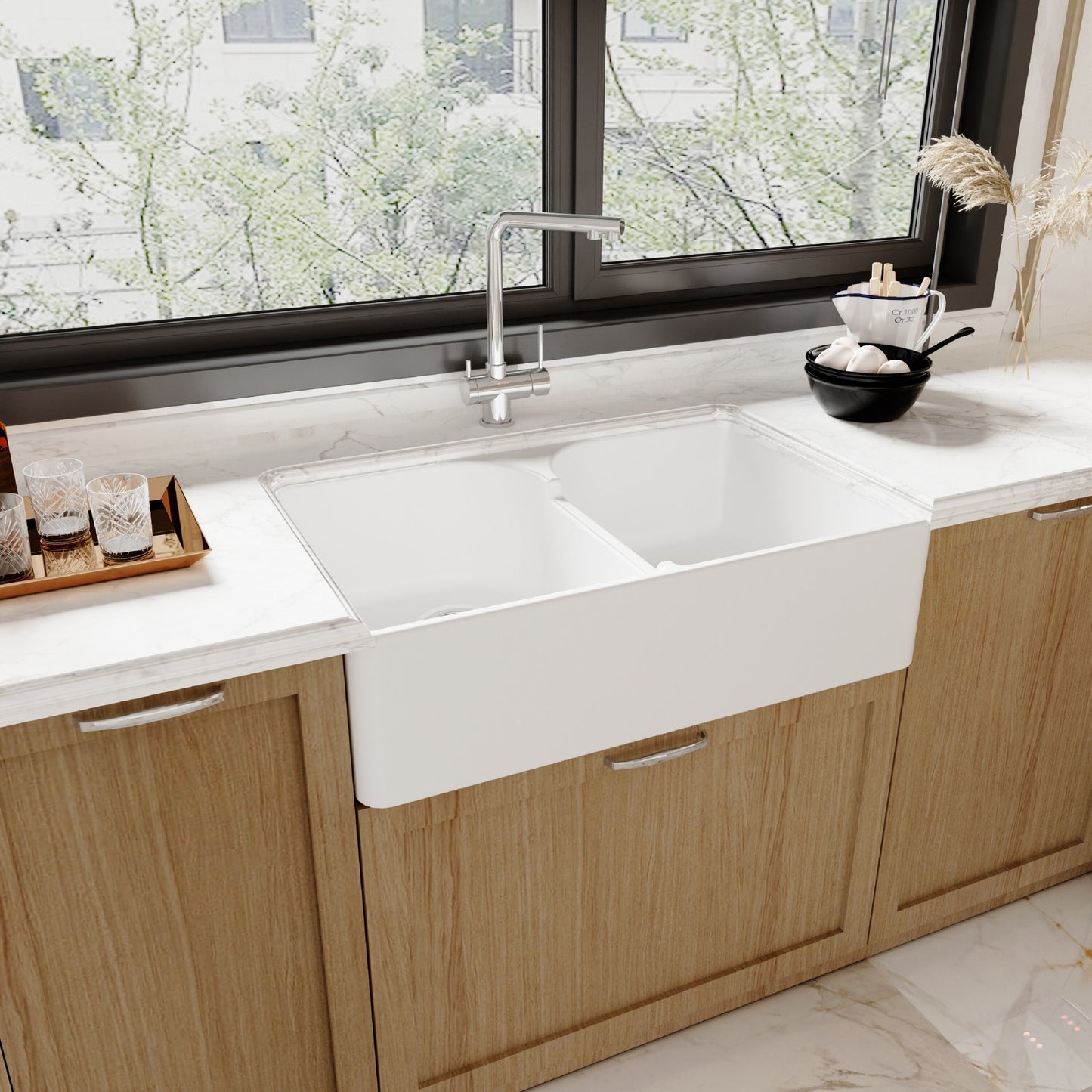 [BKS213W] Traditional Double Bowl Fireclay Ceramic Butler Kitchen Sink with Stepped Weir and Chrome Basket Strainer Wastes - 795mm - Lifestyle 3