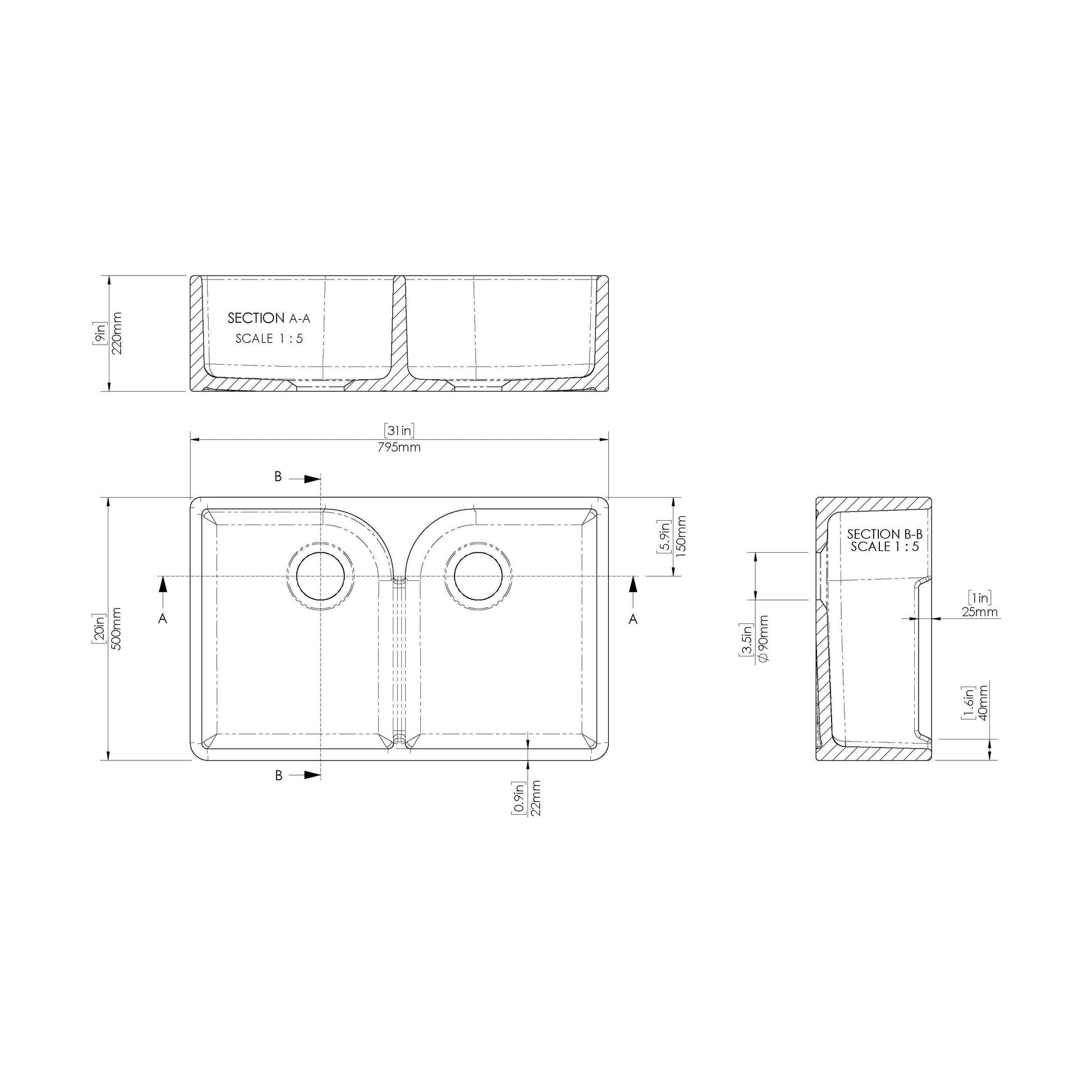 [BKS213] Traditional Double Bowl Fireclay Ceramic Butler Kitchen Sink with Stepped Weir - 795mm - Technical Drawing
