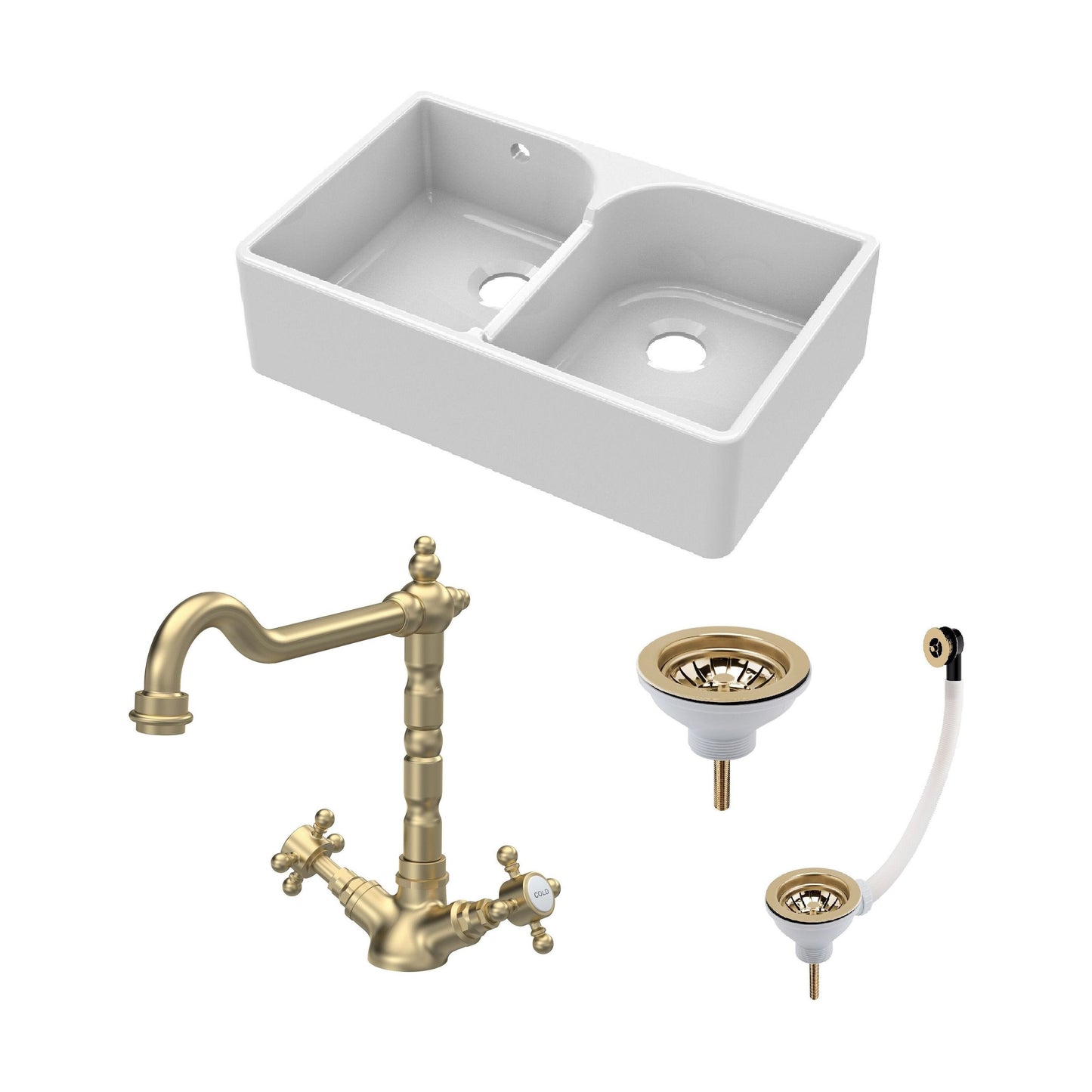 [BKS214WT13] Traditional Fireclay Kitchen Bundle: Double Bowl Stepped Weir Butler Sink, Wastes & French Tap, 795mm - Brushed Brass - Cutout