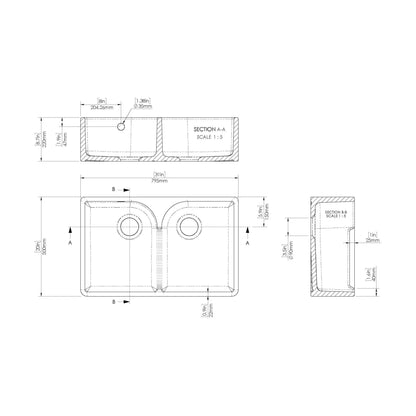 [BKS214WT13] Traditional Fireclay Kitchen Bundle: Double Bowl Stepped Weir Butler Sink, Wastes & French Tap, 795mm - Brushed Brass - Technical Drawing