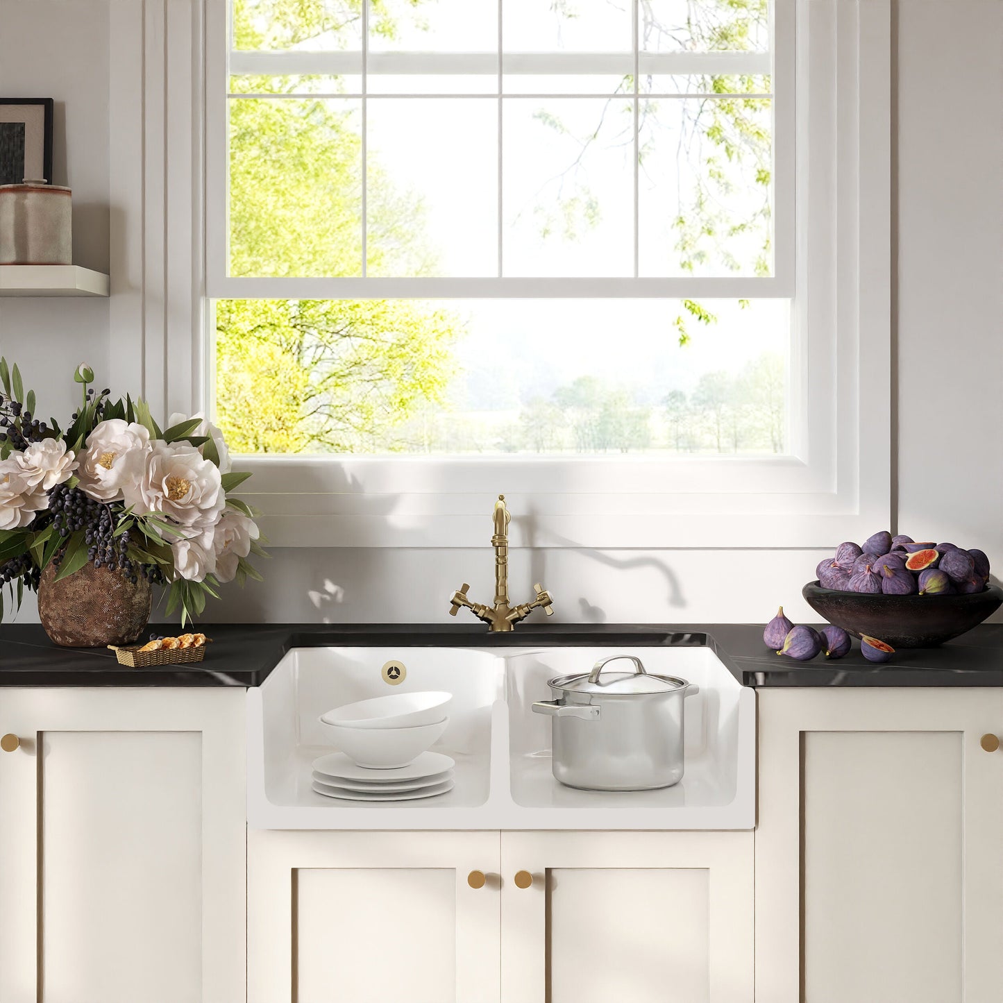 [BKS214WT13] Traditional Fireclay Kitchen Bundle: Double Bowl Stepped Weir Butler Sink, Wastes & French Tap, 795mm - Brushed Brass - Lifestyle 1