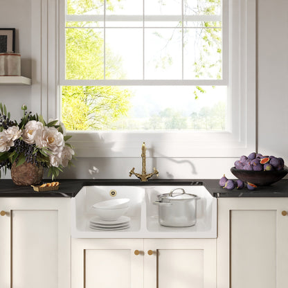 [BKS214WT13] Traditional Fireclay Kitchen Bundle: Double Bowl Stepped Weir Butler Sink, Wastes & French Tap, 795mm - Brushed Brass - Lifestyle 1