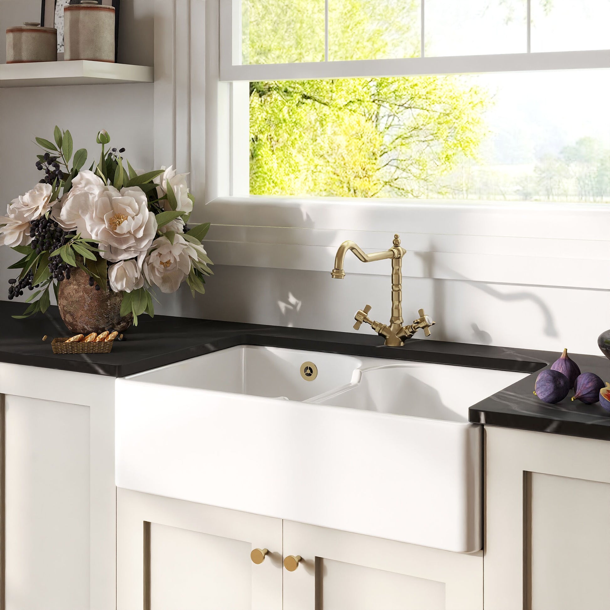 [BKS214WT13] Traditional Fireclay Kitchen Bundle: Double Bowl Stepped Weir Butler Sink, Wastes & French Tap, 795mm - Brushed Brass - Lifestyle 3