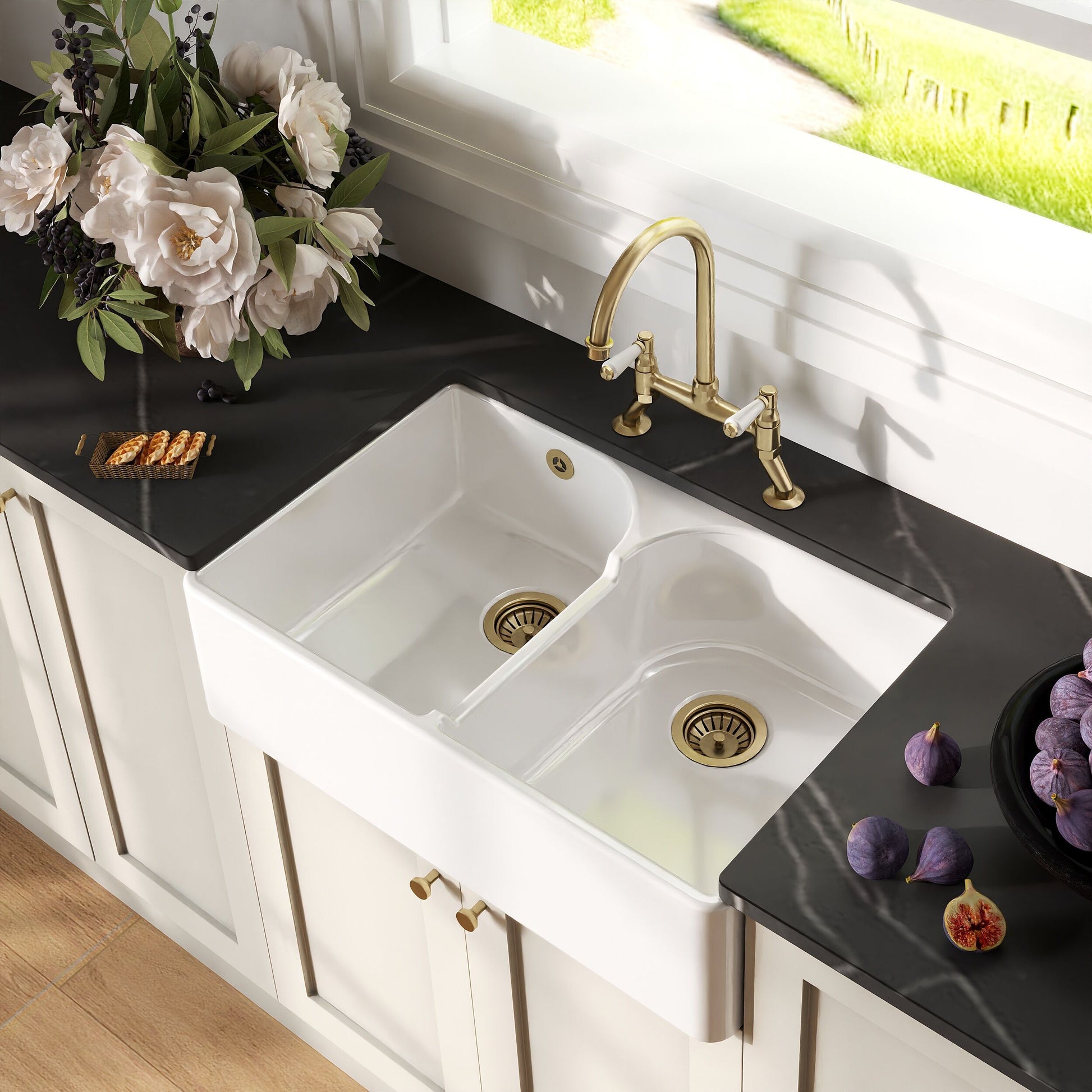 [BKS214WT15] Traditional Fireclay Kitchen Sink Bundle: 2 Bowl Butler Sink with Stepped Weir, Wastes & Bridge Lever Tap, 795mm - Brushed Brass - Lifestyle 2
