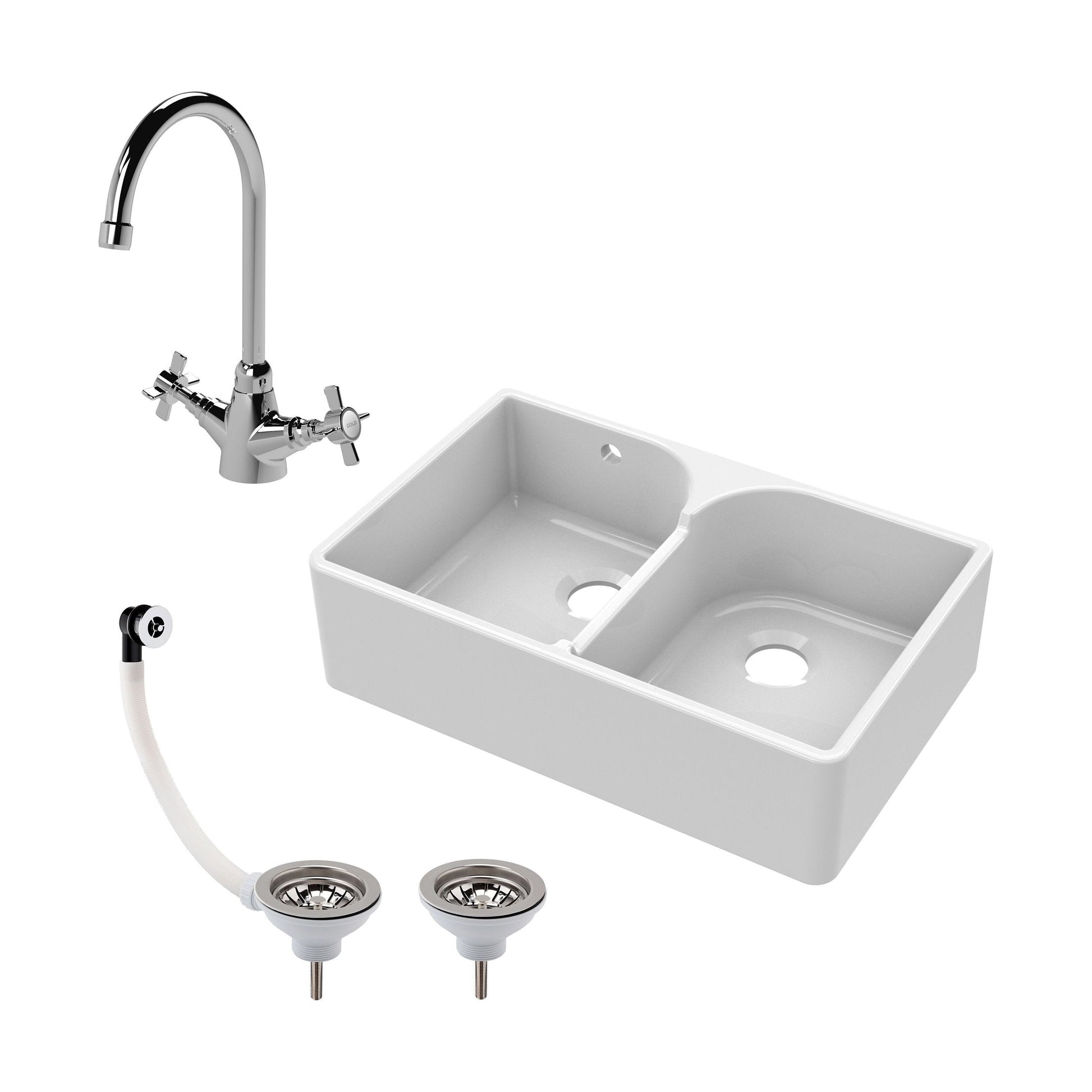 [BKS214WT2] Traditional Double Bowl Fireclay Ceramic Butler Kitchen Sink Bundle with Stepped Weir, Mixer Tap & Wastes - Cutout