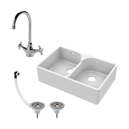 [BKS214WT2] Traditional Double Bowl Fireclay Ceramic Butler Kitchen Sink Bundle with Stepped Weir, Mixer Tap & Wastes - Cutout