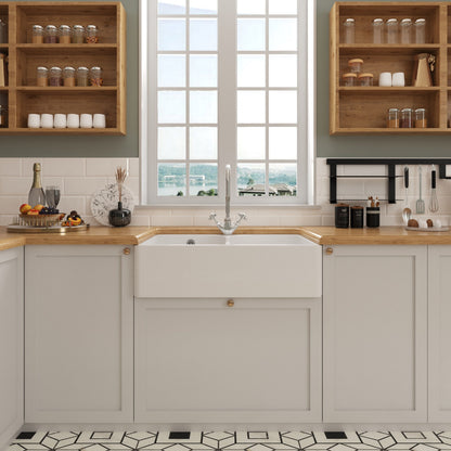 [BKS214WT2] Traditional Double Bowl Fireclay Ceramic Butler Kitchen Sink Bundle with Stepped Weir, Mixer Tap & Wastes - Lifestyle 1