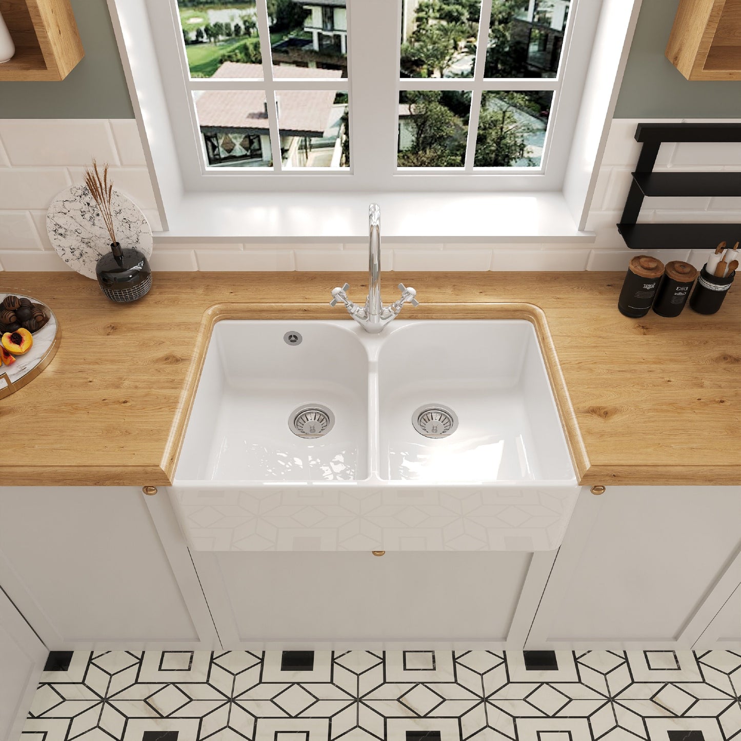 [BKS214WT2] Traditional Double Bowl Fireclay Ceramic Butler Kitchen Sink Bundle with Stepped Weir, Mixer Tap & Wastes - Lifestyle 2