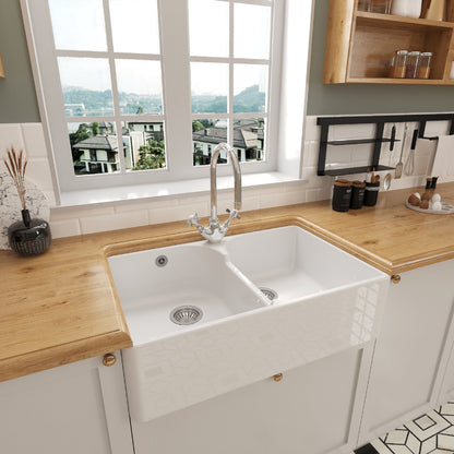 [BKS214WT2] Traditional Double Bowl Fireclay Ceramic Butler Kitchen Sink Bundle with Stepped Weir, Mixer Tap & Wastes - Lifestyle 3