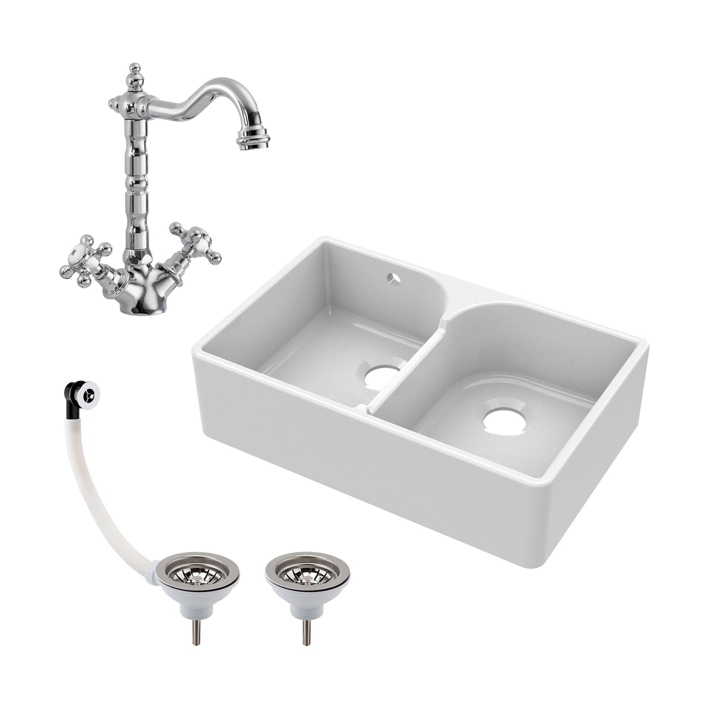 [BKS214WT4] Traditional Double Bowl Fireclay Ceramic Butler Kitchen Sink Bundle with Stepped Weir, Classic Tap & Wastes - Cutout