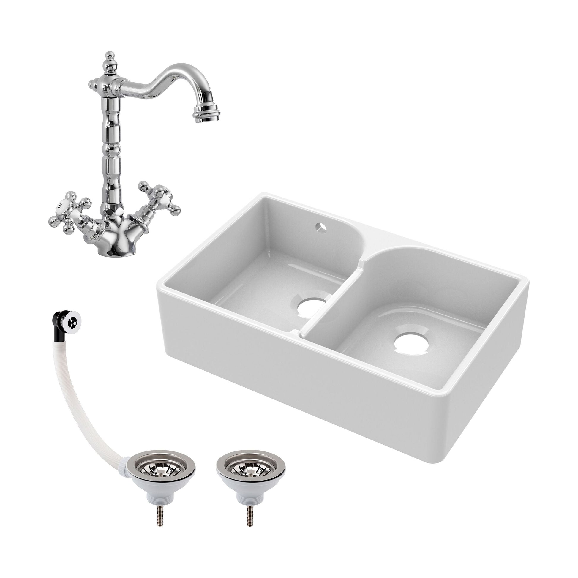 [BKS214WT4] Traditional Double Bowl Fireclay Ceramic Butler Kitchen Sink Bundle with Stepped Weir, Classic Tap & Wastes - Cutout