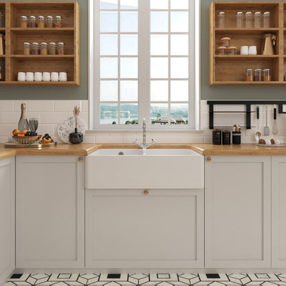 [BKS214WT4] Traditional Double Bowl Fireclay Ceramic Butler Kitchen Sink Bundle with Stepped Weir, Classic Tap & Wastes - Lifestyle 1